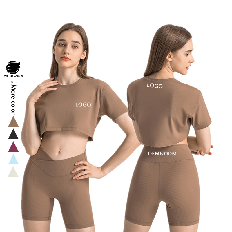 Xsunwing Ropa Deportiva Mujer Short Sleeve Tees Rib Knitted Casual Tops Active Workout Running Yoga T-Shirt Ladies Sportswear Gym Wear