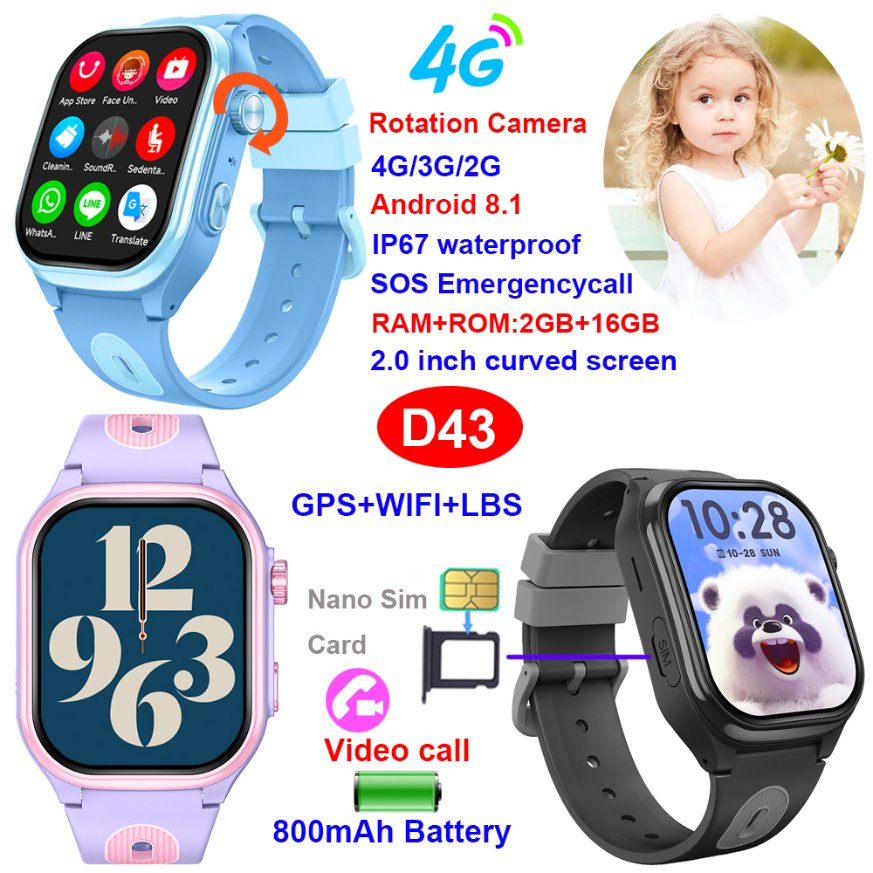 New Android 4G Waterproof fashion Kids safety GPS tracker Smart watch with hidden rotation Camera D43