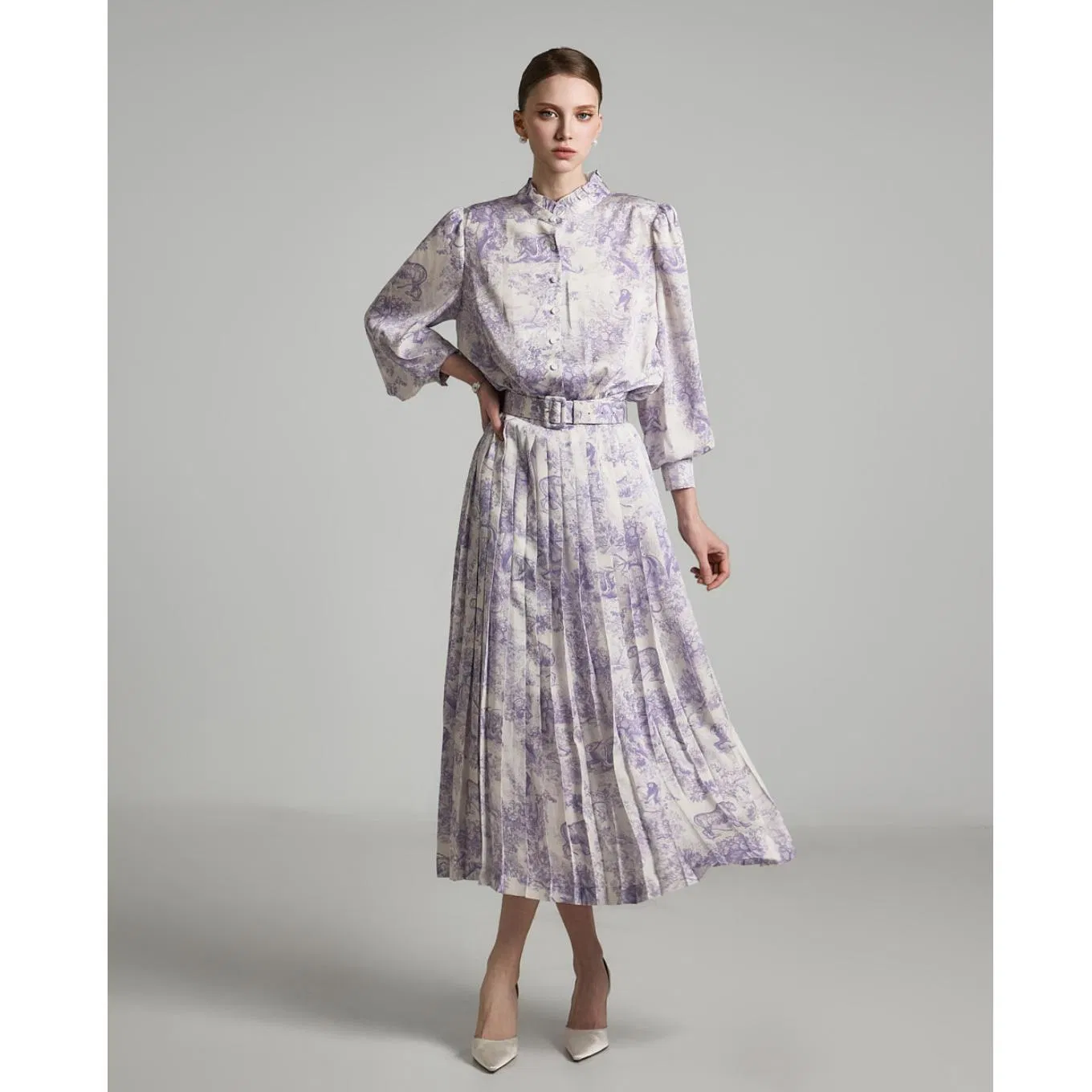 Customized Wholesale Stand Collar Floral Print Waist Belt Design Long Fit Pleat Skirt Shirt Dress for Woman Summer Wear