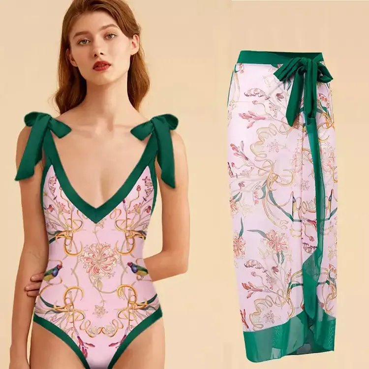 Huilin Factory Manufacture Long Sleeve Sheer Mesh Bodysuit Beachwear with Colorful Printed Swimwear Women One Piece Swimsuits