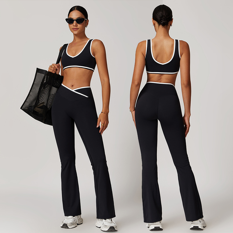 Custom Logo 2PCS Patchwork Sport Yoga Wear Butt Lift High Waist Flare Leggings Fitness Bra Gym Women Workout Set Activewear