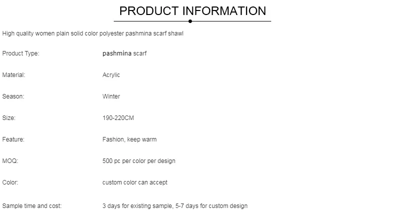 High Quality Women Plain Solid Color Polyester Pashmina Scarf Shawl