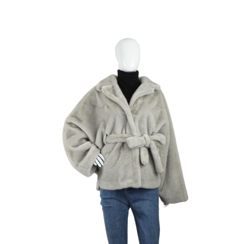 Warm Faux Raccoon Fur Jacket Grey Casual Winter Outerwear for Women