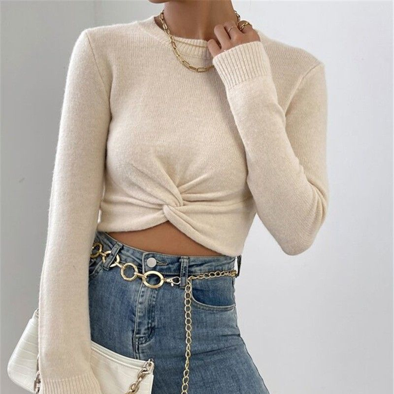 Fashion Round Neck Knit Top Women Slim Sweater Trendy Twist Design Basic Layering Piece