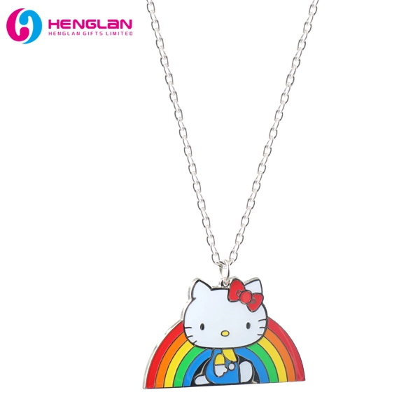 Factory Custom Made Silver Nickel Plated Fashion Enamel Metal Alloy Children Accessory Wholesale Customized Kids Ornament Hello Kitty Colorful Rainbow Necklace