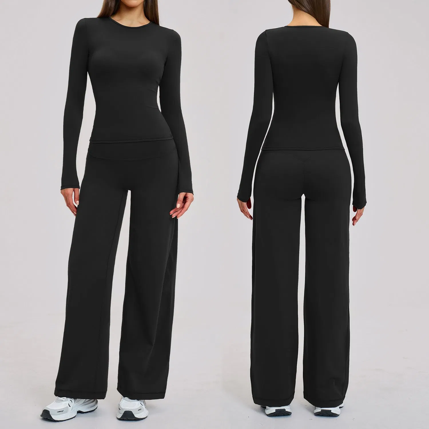 Classic Y2K Yoga Apparel for Women Gym Fitness Outfits Long Sleeve T Shirts Basic Compression Going out Crop Tops Athletic Workout Wide Leg Pants