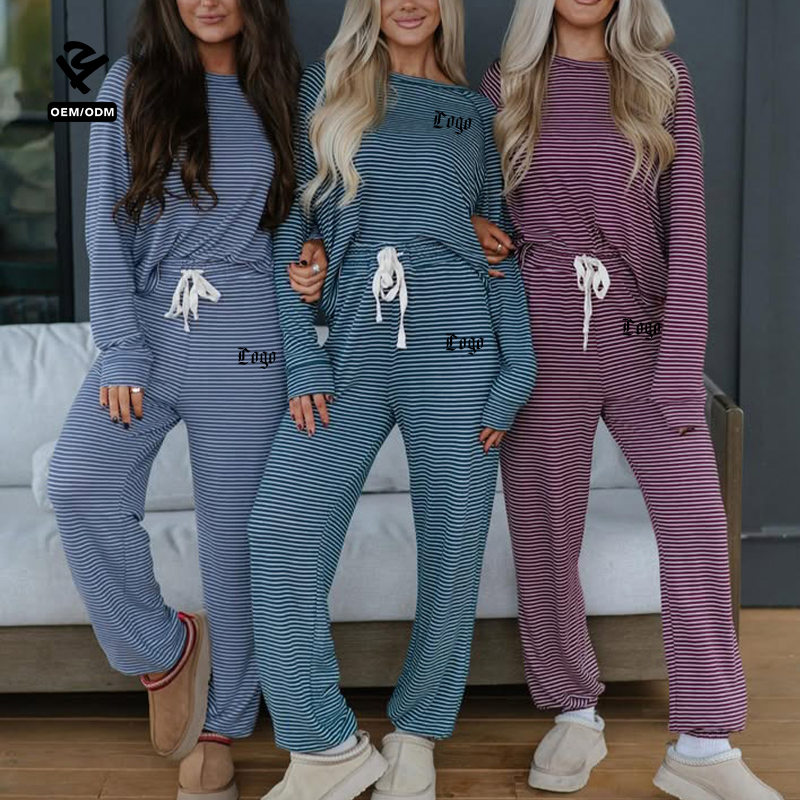 Comfortable Cotton Striped Long Sleeve Loungewear Loose Fit Sleepwear Women