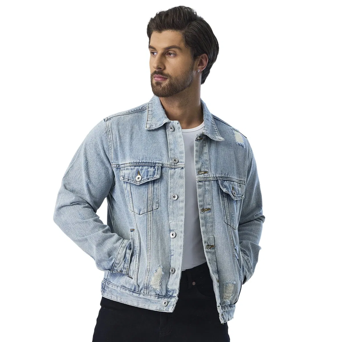 Custom Ripped Design Outerwear Denim Fabric Motorcycle Jeans Jackets for Men