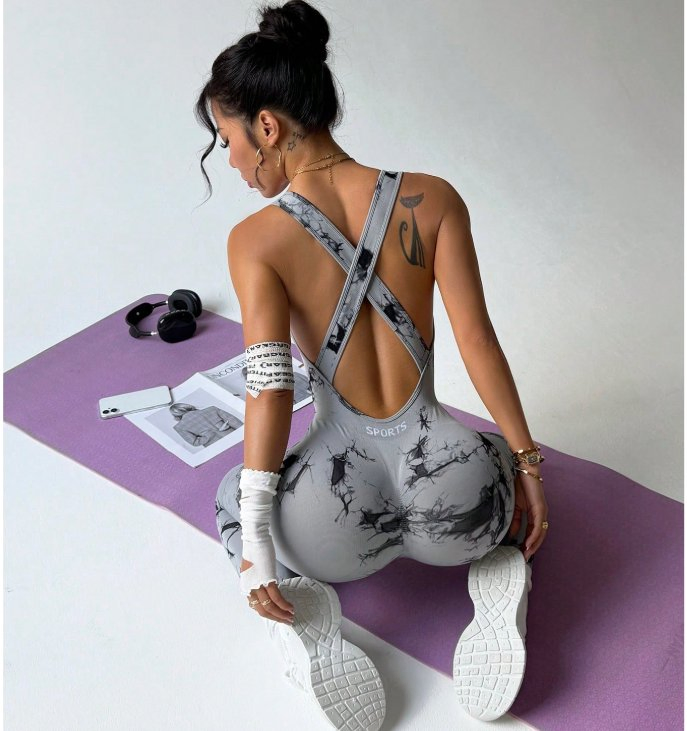 Women's Tie-Dye Criss-Cross Back Jumpsuit, Casual Fitness Sports Wear