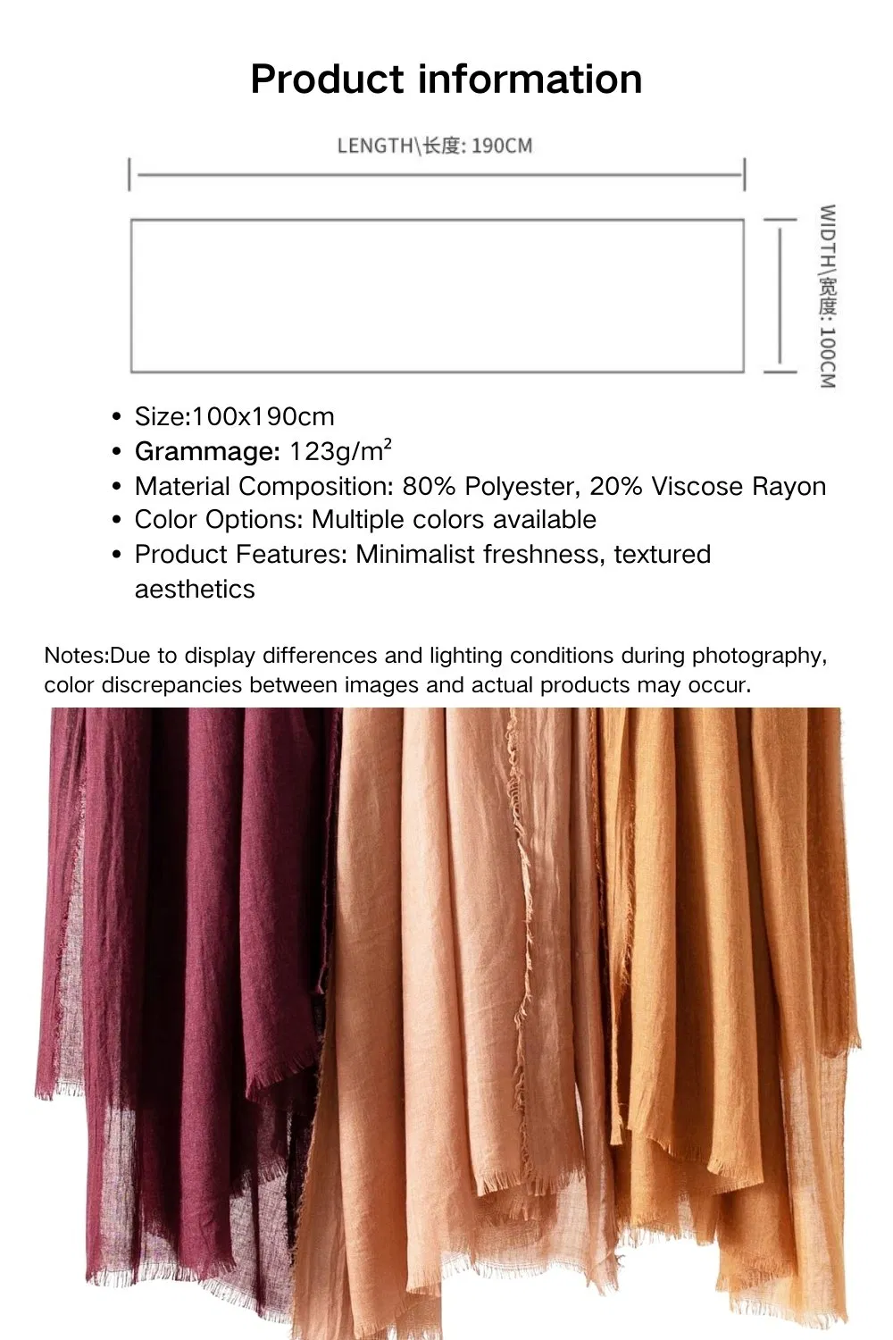 Lightweight Breathable Polyester Viscose Rayon Shawl Scarf Wrap for Women