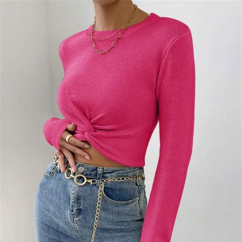 Fashion Round Neck Knit Top Women Slim Sweater Trendy Twist Design Basic Layering Piece