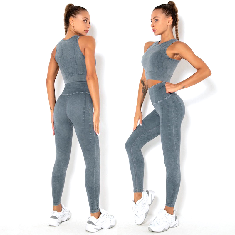 Tiktok Hot Blue Grey Denim Pattern Printed Fitness Clothes Sportswear for Women, Conservative Gym Top and Workout Leggings Jeans-Style Matching Athletic Sets