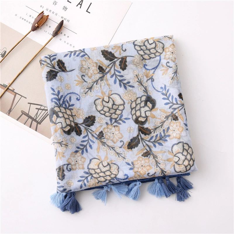Ethnic Print Tassel Vacation Ployester Scarf Summer Flora Printing Wrap Female Rectangular Soft Lightweight Shawl