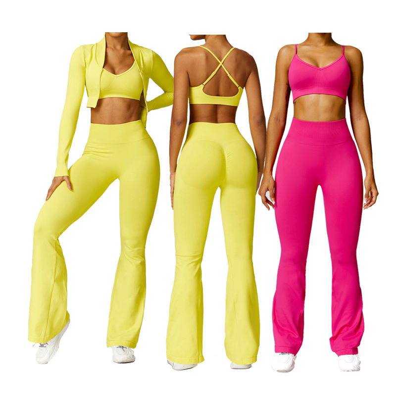Wholesale Seamless Sportswear 3PCS Yoga Suit Set High Waist Scrunch Yoga Wear Womens Gym Long Sleeve Activewear Set