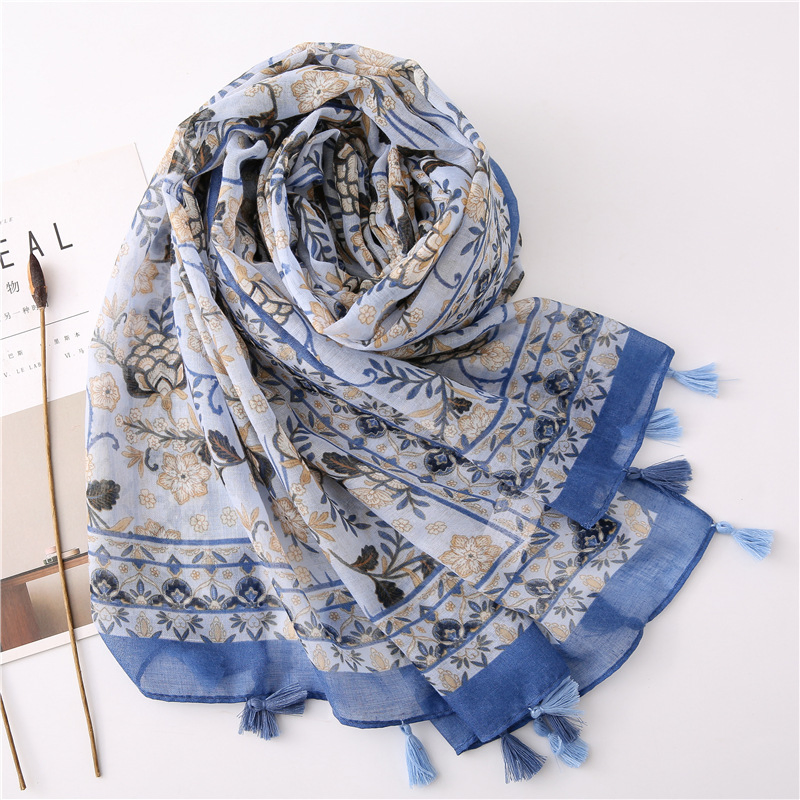 Ethnic Print Tassel Vacation Ployester Scarf Summer Flora Printing Wrap Female Rectangular Soft Lightweight Shawl