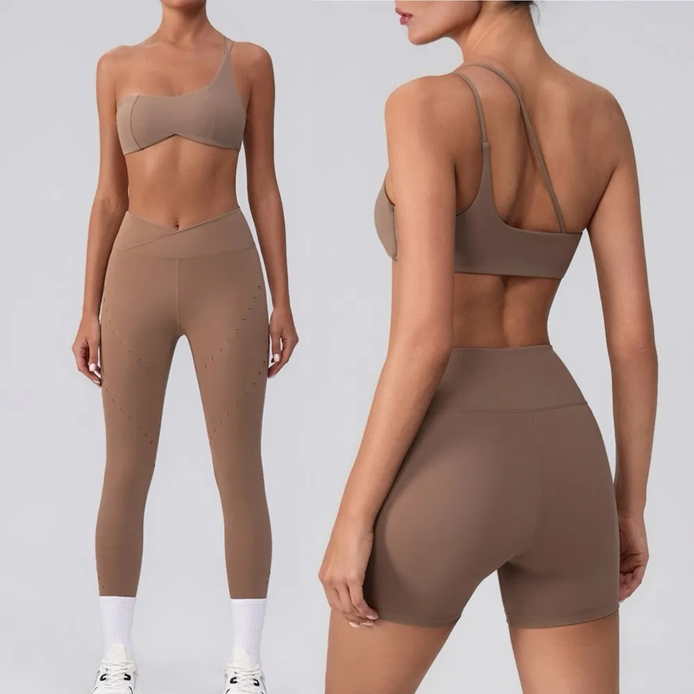 3PCS New Fashion Single Shoulder Activewear Set for Women, Customizable Hollow Back Sports Bra + Cross Waist Gym Shorts + Workout Leggings Pilates Clothes