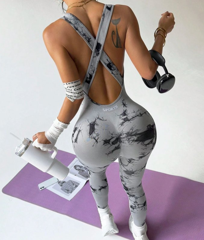 Women's Tie-Dye Criss-Cross Back Jumpsuit, Casual Fitness Sports Wear