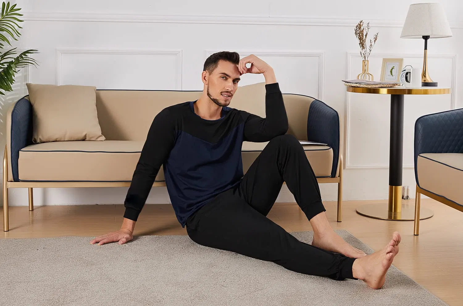 Men′ S Pajamas Winter Cotton Warm Pajamas Sets Long Sleeve Round Neck Sleepwear Soft Comfortable Loungewear for Men Two Pieces for Men