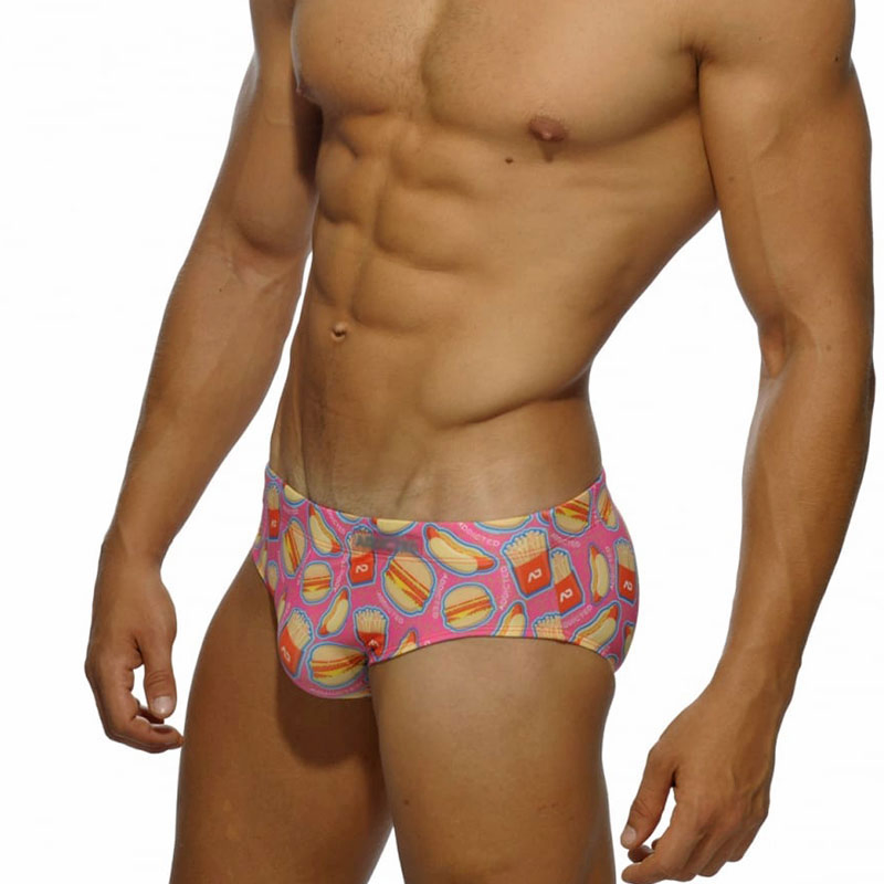Men Swimwear Sexy Swimming Trunks Briefs Low Waist Mens Food Print Beach Surfing Shorts Swim Trunk Brief Man Swimsuit Beachwear