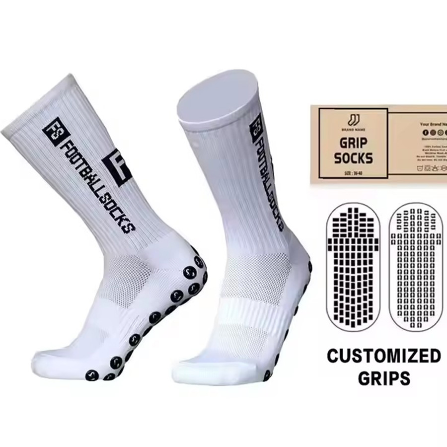 High Quality Manufacturer Anti Slip Unisex White Black Football Men's Designer Logo Packaging Non Slip Crew Soccer Custom Grip Sports Socks Men