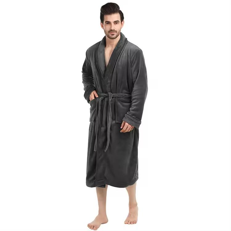 Men Fleece Bathrobe Plush Short Robe Long Sleeve Robe Attached Belt Soft Sleepwear Ladies Loungewear