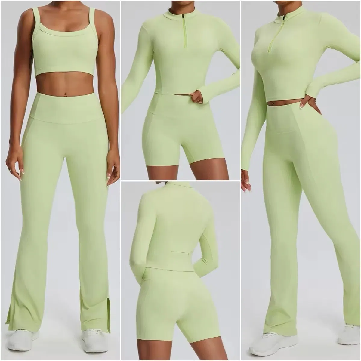 New Design 4 Piece Exercise Running Clothing Fashion Activewear Set for Women, Sports Bra + T-Shirt Top + Workout Shorts + Flared Yoga Pants Fitness Outfits