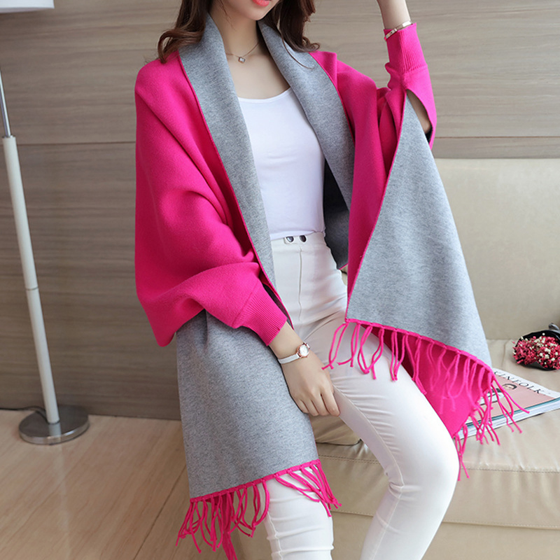 High Quality Winter Fashion Korean Style Customized Knitted Scarves Women Batwing Fringe Shawl Capes