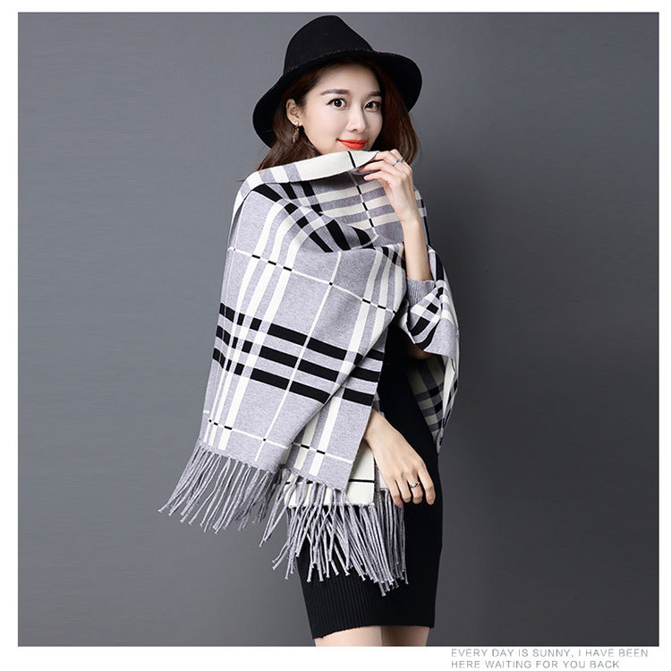 Wholesale Custom Embroidered Scarves Fringe Tassel Bat Sleeves Plaid Sweater Shawls Capes for Women