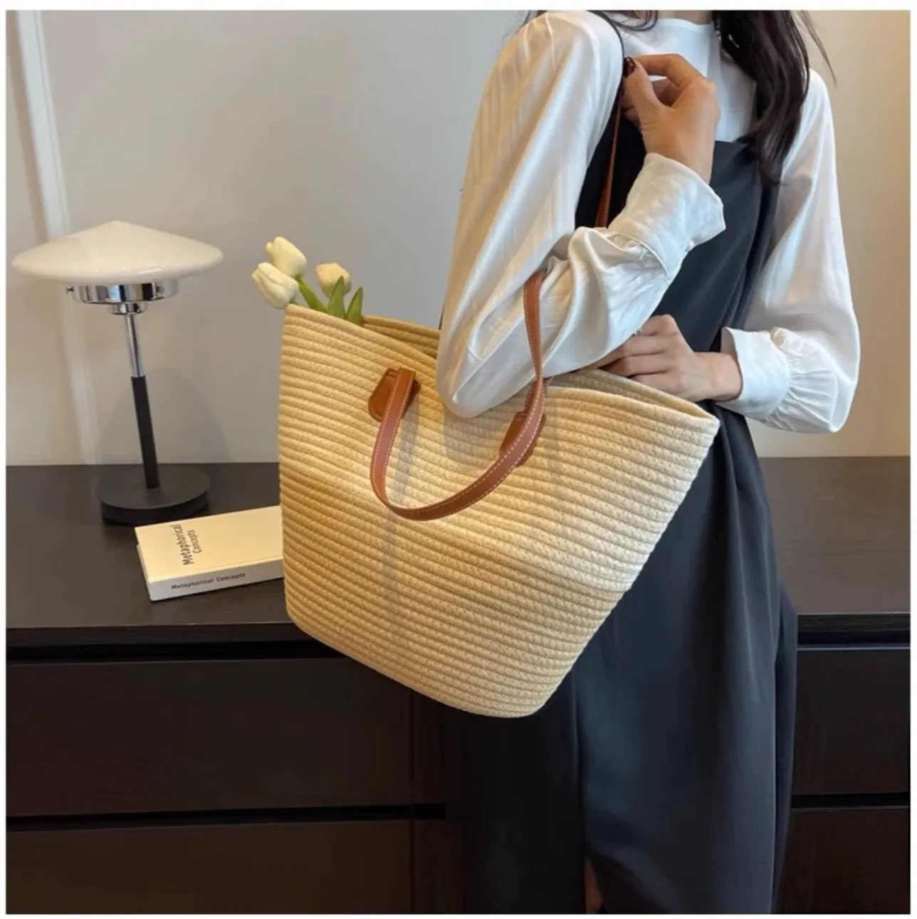 Luxury Designer Woven Straw Handbag with Leather Strap Summer Beach Travel Tote