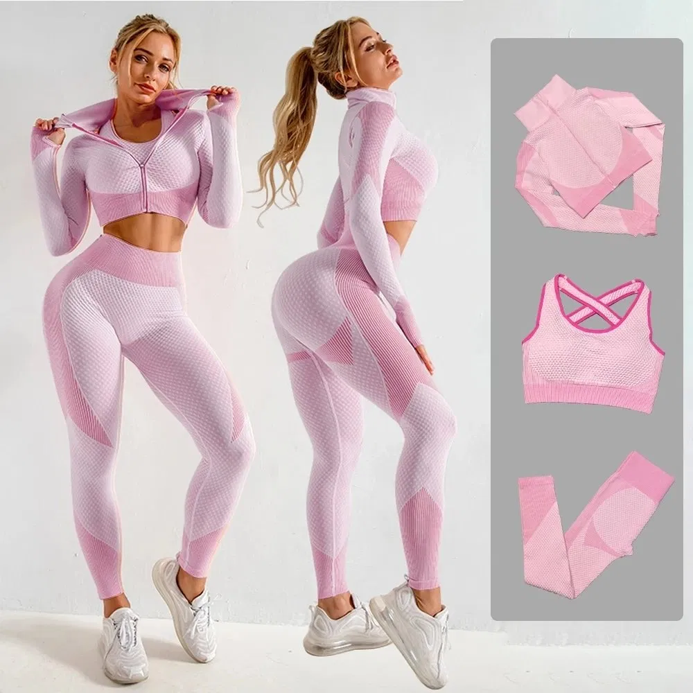 Wholesale 3 PCS Yoga Suit Set Women Training Activewear Sports Wear Gym Workout Wear Leggings Bra Sportswear Set Clothing