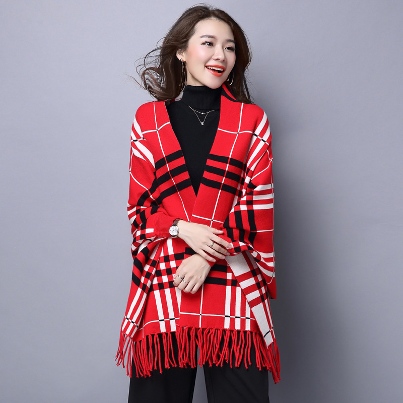 Wholesale Custom Embroidered Scarves Fringe Tassel Bat Sleeves Plaid Sweater Shawls Capes for Women