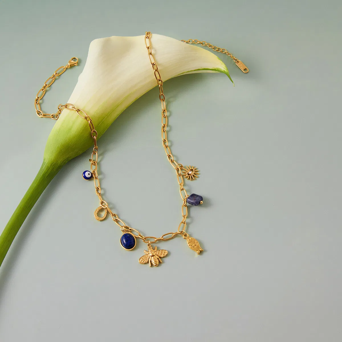 Lapis Lazuli Devil's Eye Bee Fish Small Charm Pendant Necklace European Vintage Waterproof Fashion Jewelry