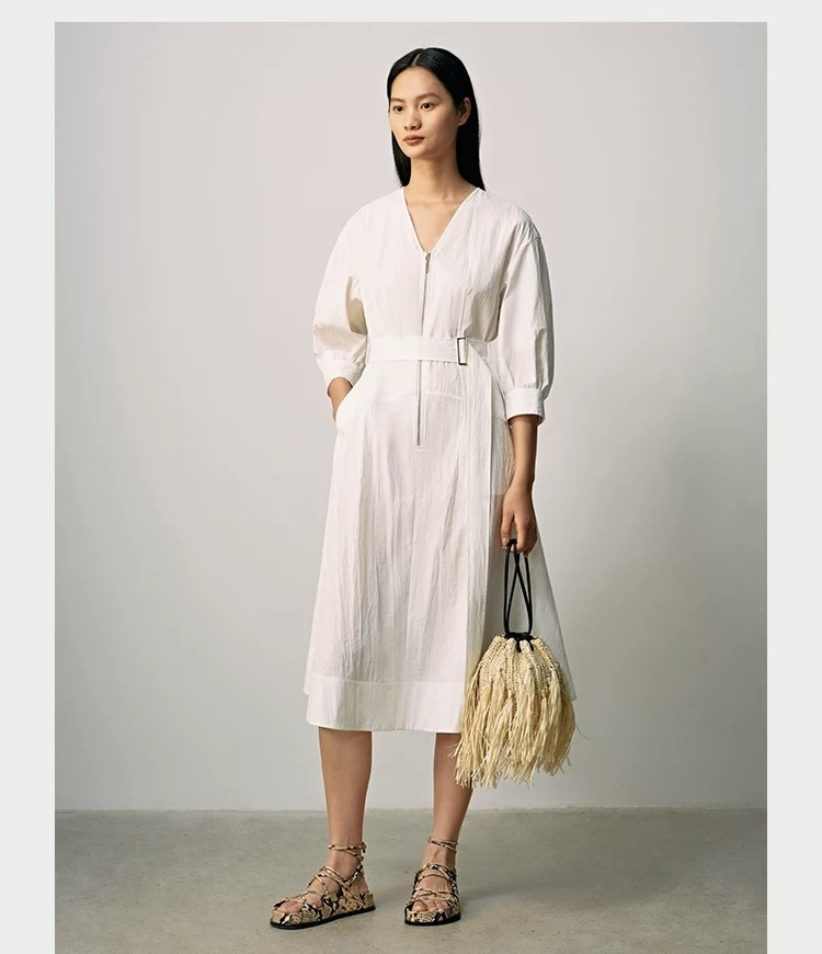 Luxury Women Shirt Dress Wholesale Customized Front Zipper Closure Waist Belt Detail Women Dress for Summer Wear