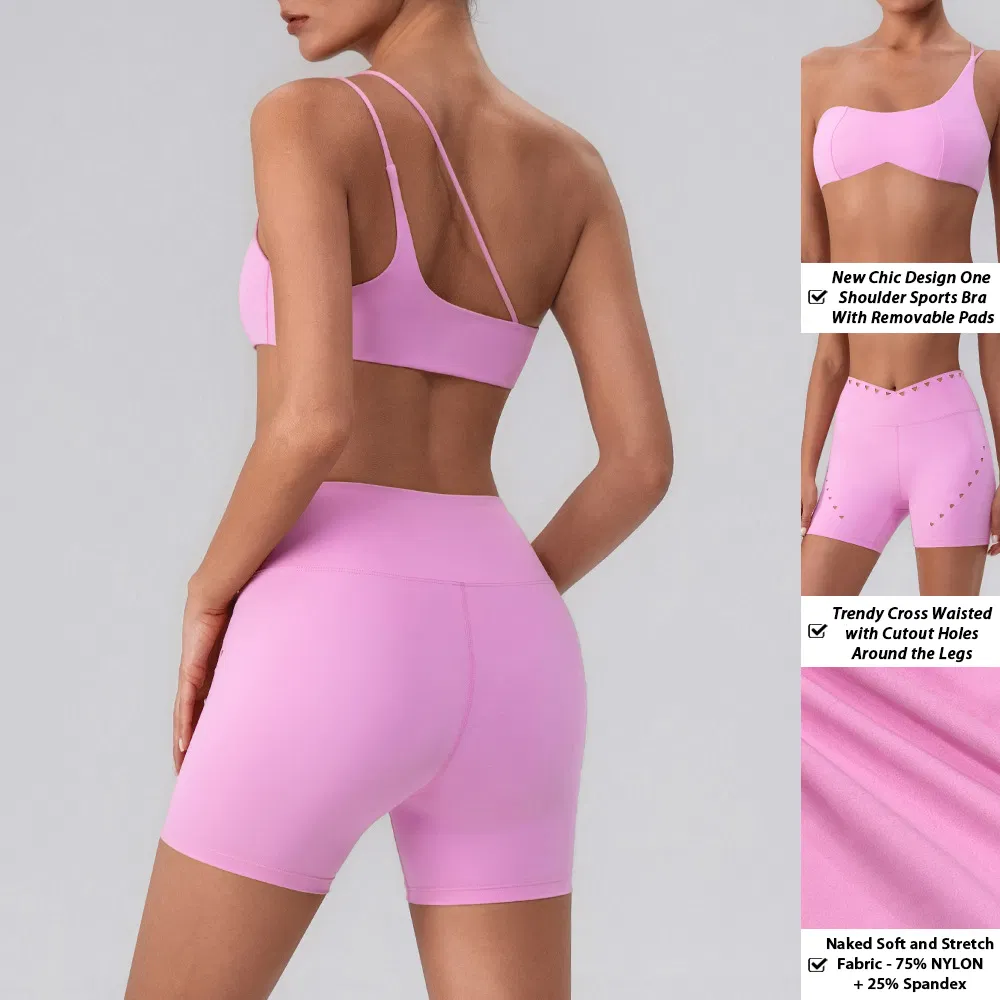 3PCS New Fashion Single Shoulder Activewear Set for Women, Customizable Hollow Back Sports Bra + Cross Waist Gym Shorts + Workout Leggings Pilates Clothes