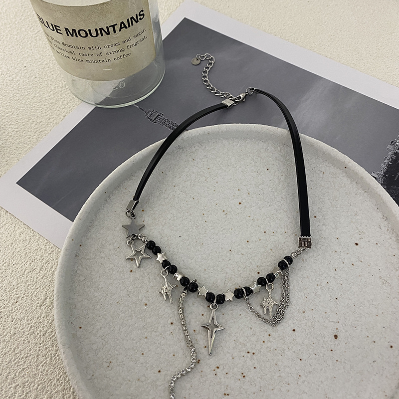 New Dark Style Four Star Leather Bead Splicing Necklace Trendy Spicy Girl Sweet Cool Style Accessory