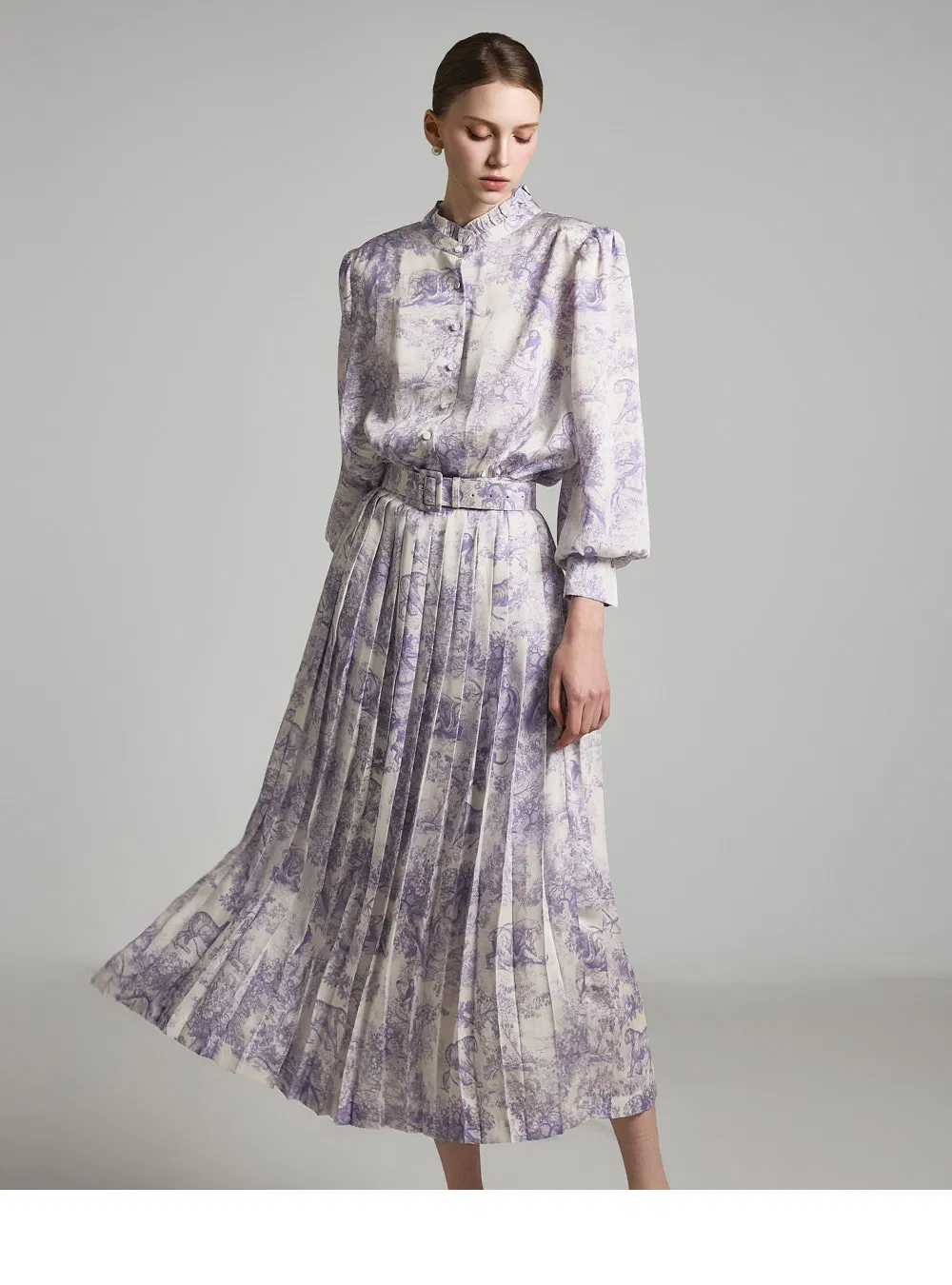 Customized Wholesale Stand Collar Floral Print Waist Belt Design Long Fit Pleat Skirt Shirt Dress for Woman Summer Wear