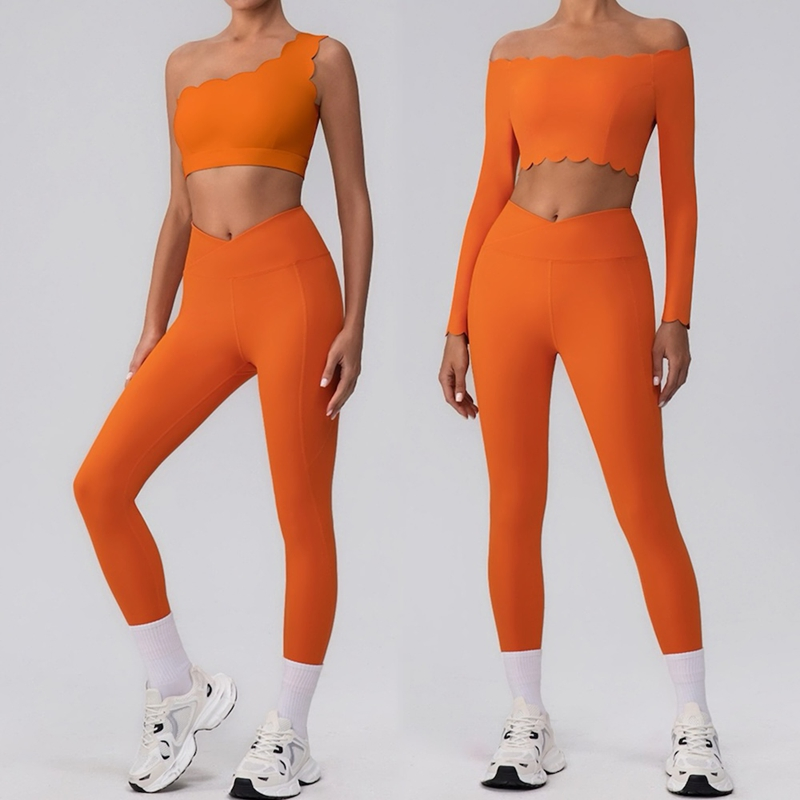 Hot Sale 3PCS Fashion Petal Edge Activewear Set Trendy One Shoulder Bra + Crop Top + Yoga Pants Matching Workout Clothing Premium Running Outfit Suit