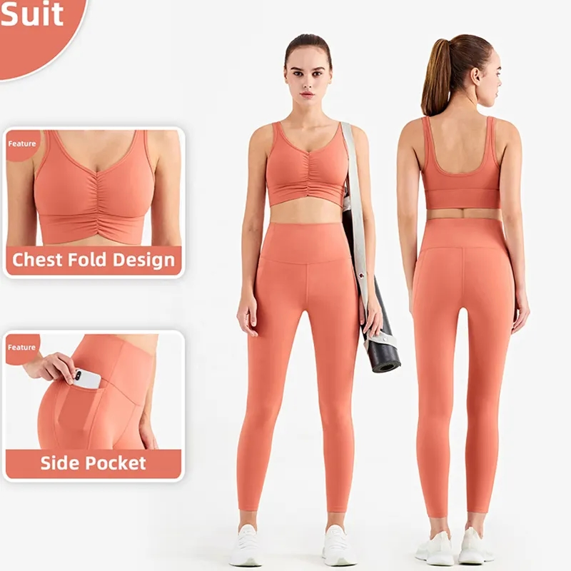 Wholesale Clothing Sports Wear Athletic Activewear Push up Ruched Scrunch Front Sports Bra High Waisted Power Pockets Leggings Gym Women Yoga Set