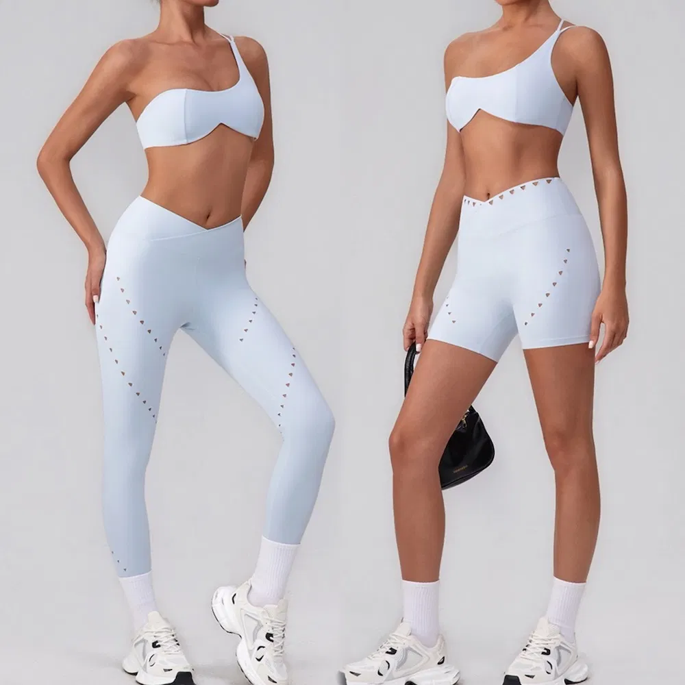 3PCS New Fashion Single Shoulder Activewear Set for Women, Customizable Hollow Back Sports Bra + Cross Waist Gym Shorts + Workout Leggings Pilates Clothes