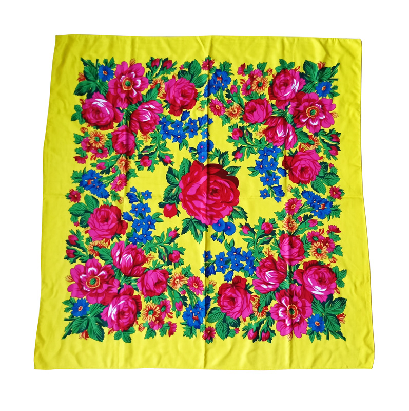 140*140cm Maxi Woge Unique Bright Muffler Dress Scarves Women Print Polyester Fabric Square Factory Floral Shawl