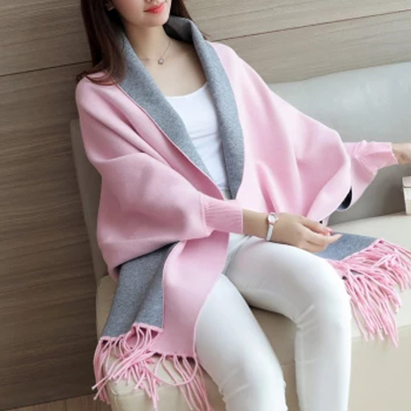High Quality Winter Fashion Korean Style Customized Knitted Scarves Women Batwing Fringe Shawl Capes