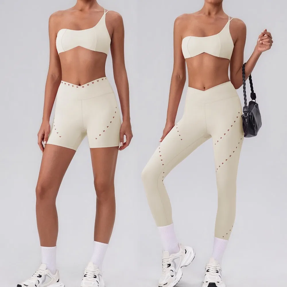 3PCS New Fashion Single Shoulder Activewear Set for Women, Customizable Hollow Back Sports Bra + Cross Waist Gym Shorts + Workout Leggings Pilates Clothes