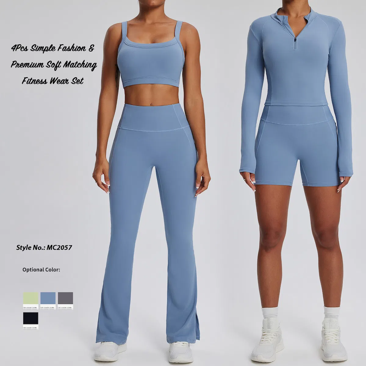 New Design 4 Piece Exercise Running Clothing Fashion Activewear Set for Women, Sports Bra + T-Shirt Top + Workout Shorts + Flared Yoga Pants Fitness Outfits