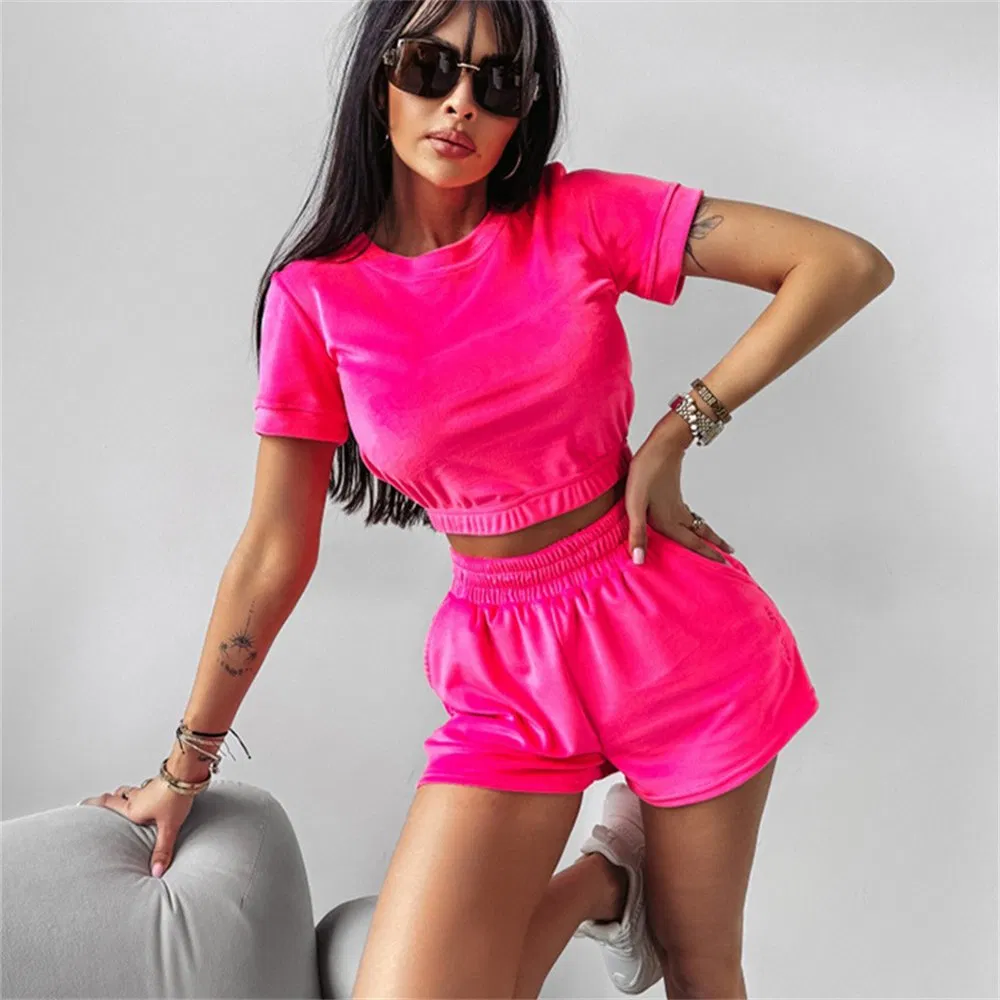 Casual Short Sleeved T-Shirt Shorts Set Solid Color Waistband Leisure Sports Wear