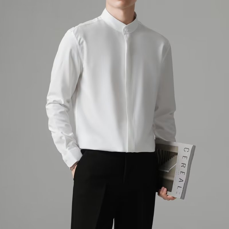 Men's High-End Stand up Collar Black and White Basic Color Shirt