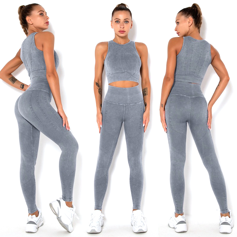 Tiktok Hot Blue Grey Denim Pattern Printed Fitness Clothes Sportswear for Women, Conservative Gym Top and Workout Leggings Jeans-Style Matching Athletic Sets