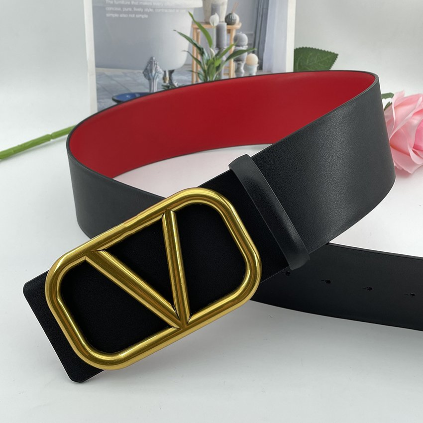 Ladies Luxury Brand 7cm Width Red Waist Belts High Quality Two Side Wear Reversible Genuine Leather Designer V Belt for Women - Designer PU Leather Belts