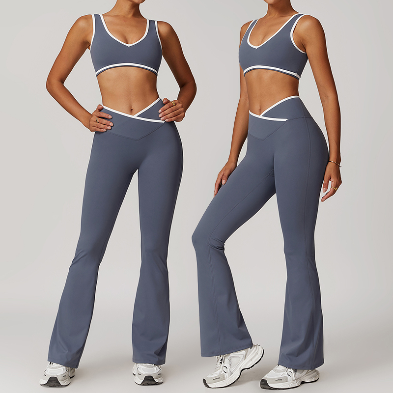 Custom Logo 2PCS Patchwork Sport Yoga Wear Butt Lift High Waist Flare Leggings Fitness Bra Gym Women Workout Set Activewear