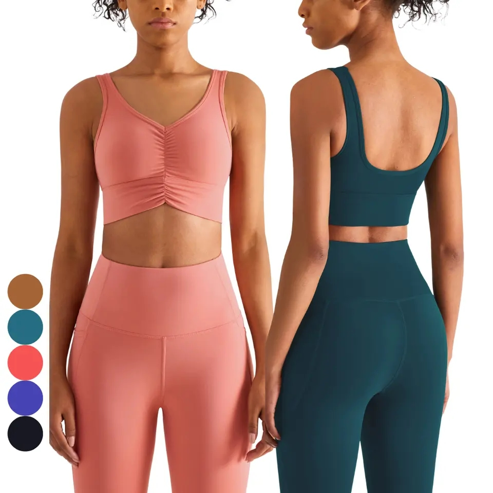 Wholesale Clothing Sports Wear Athletic Activewear Push up Ruched Scrunch Front Sports Bra High Waisted Power Pockets Leggings Gym Women Yoga Set