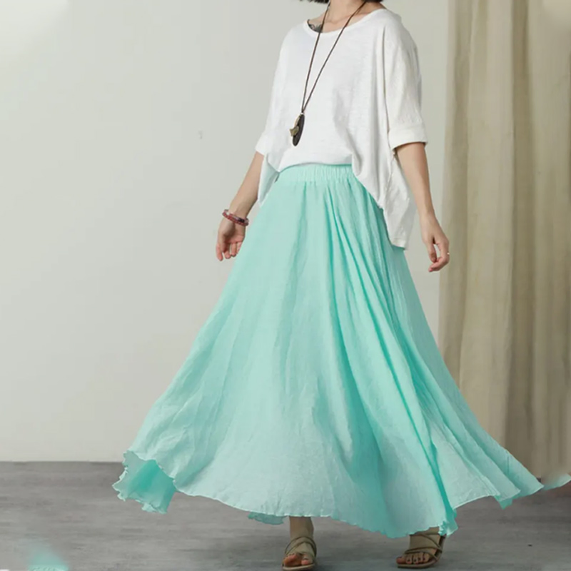 Summer Blue Women's Maxi Skirt - Lightweight Cotton Linen Casual Wear